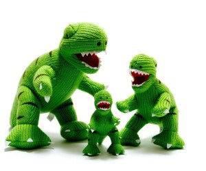 knitted green t Rex rattle baby dinosaur toy